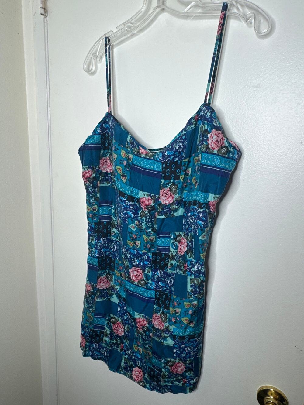 VTG 90s Robert Stock 100% SILK Blue Floral Slip Dress L- fairy whimsy cottage